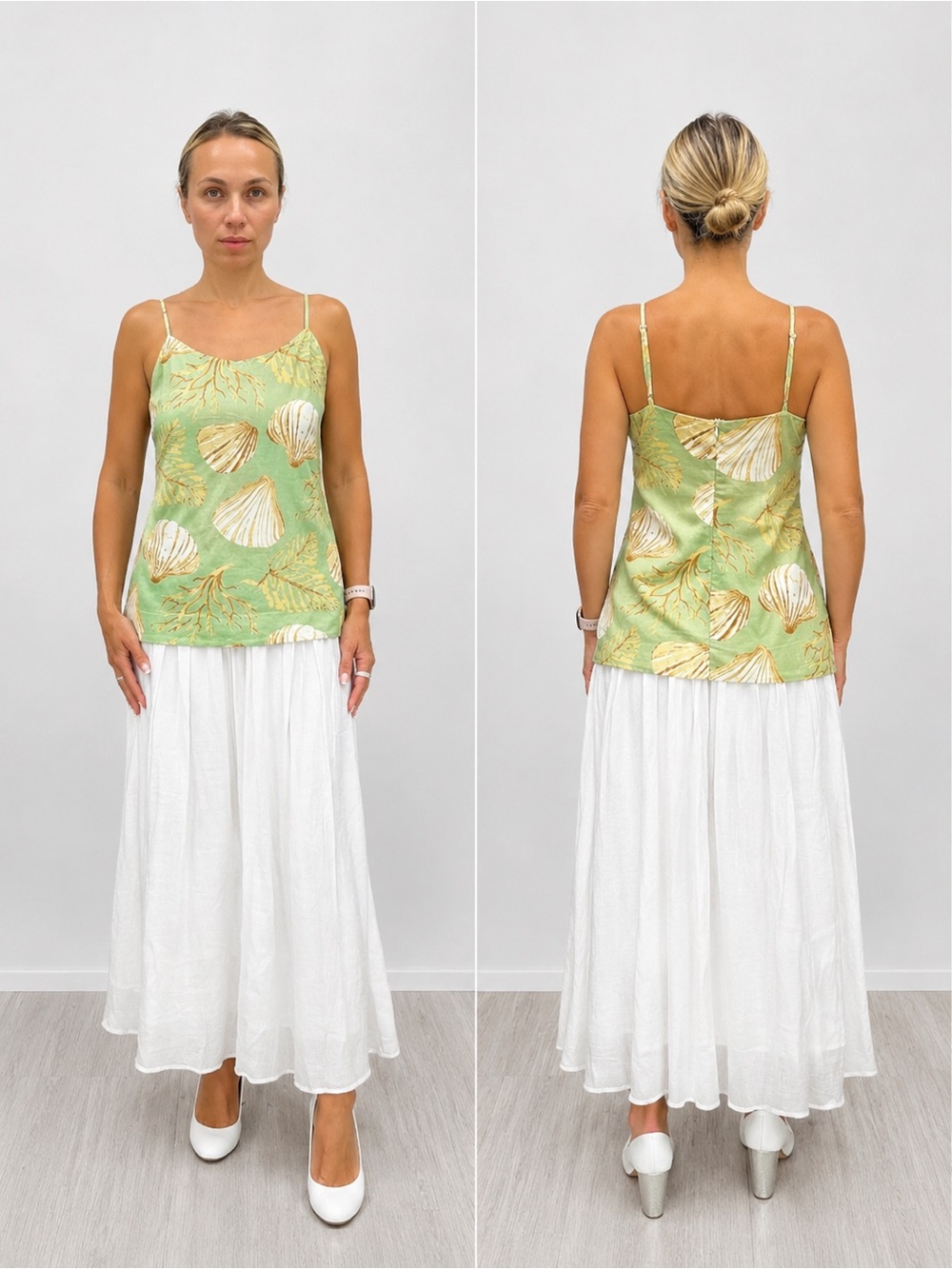 NWOT Moon River Seashell Print Coastal Midi Dress Green White Size M